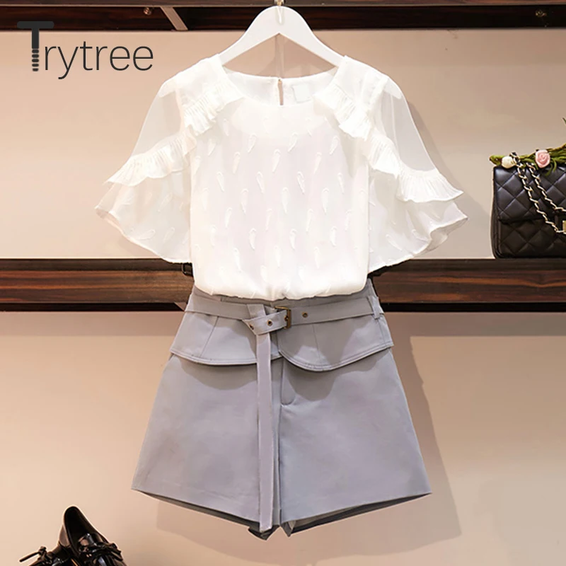 Trytree летний женский костюм из двух предметов Повседневное с оборками в полоску C