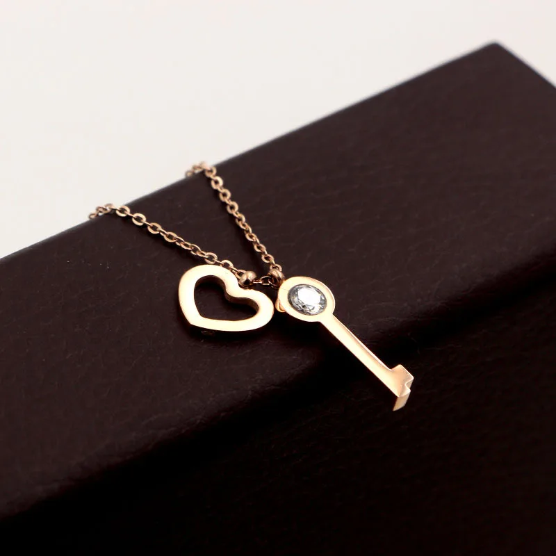 Fashion Stainless Steel Love Crystal Heart Key Pendant Necklace Rose Gold Color Women Girl Party Gift | Украшения и аксессуары