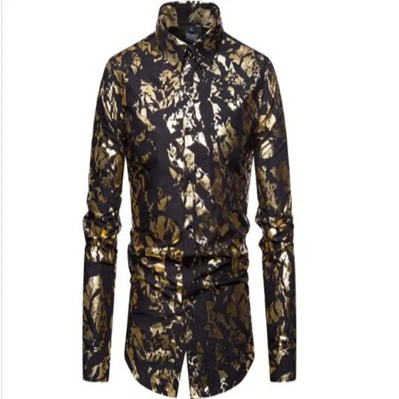 

new eurocode men's fashion hot stamping gold and silver long-sleeve lapel shirt