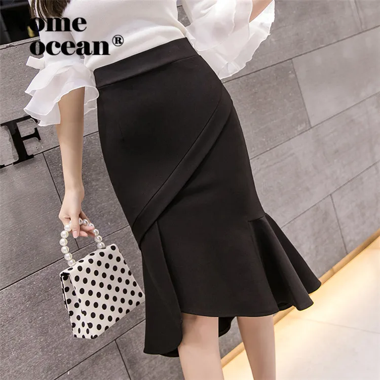 Sexy Mermaid Ruffle Midi Skirts for Women 2019 Summer Slit Office Lady Female Skirt Black S-XXL Plus Size OL M19032102 | Женская одежда