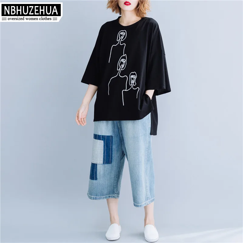 Футболка женская летняя большого размера с вышивкой рукавом 3/4 5XL 6XL 19 A235|Футболки|