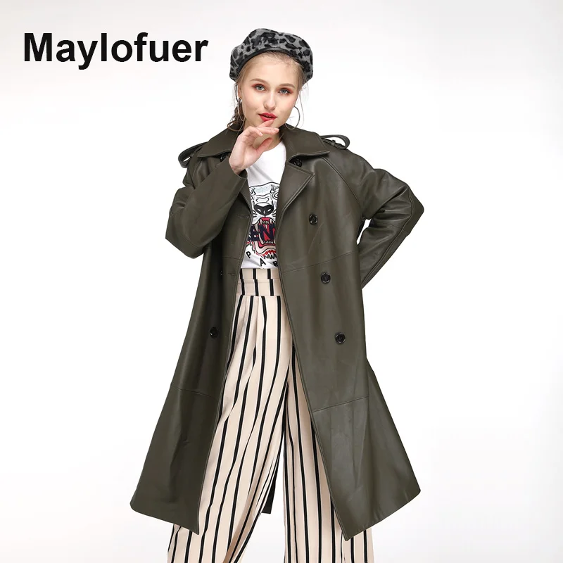 Maylofuer Куртка из натуральной кожи для женщин с длинным пальто поясом армейский
