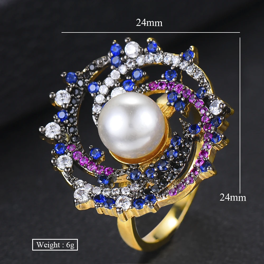 

SisCathy Dubai Nigerian Party Bridal Engagement Statement Cubic Zirconia Rings Fashion Simulated-pearl Finger Rings For Women