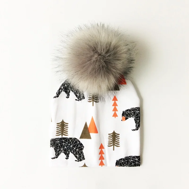 white bearandforest Детская шапка, хлопковая шапка с помпоном и принтом для детей, зимняя шапка для мальчиков, детские шапки для девочек, детские шапки - Цвет: white bearandforest