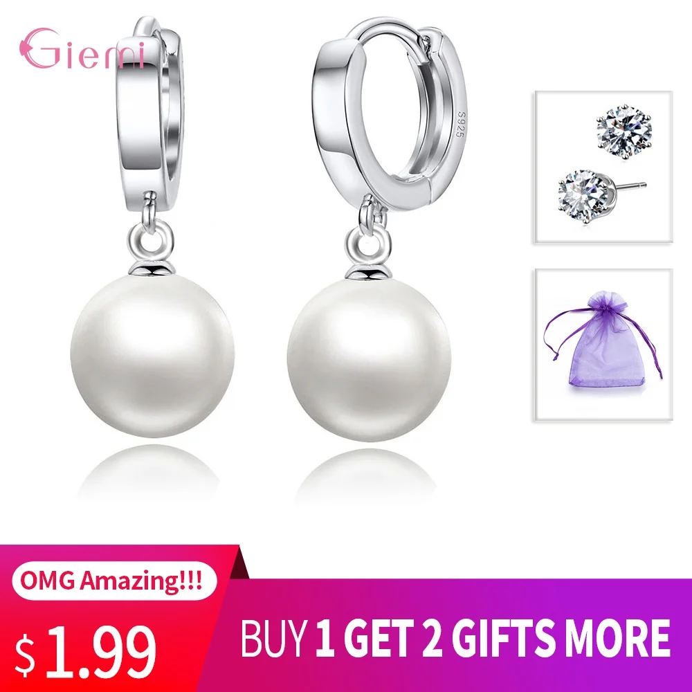 Гладкий шар круглый жемчуг Висячие серьги сверкающие стерлингового серебра 925