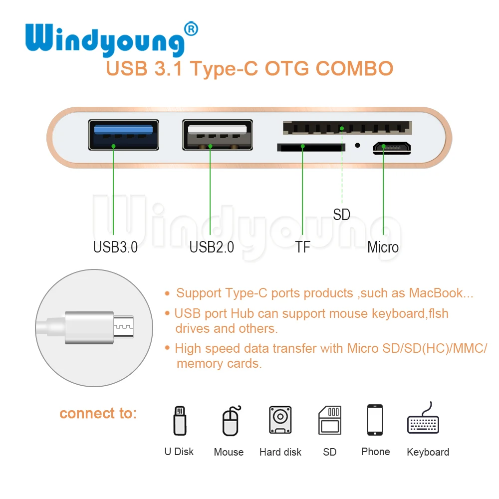 USB C концентратор картридер 5-в-1 Type OTG мульти USB-C разветвитель + Micro порт питания для