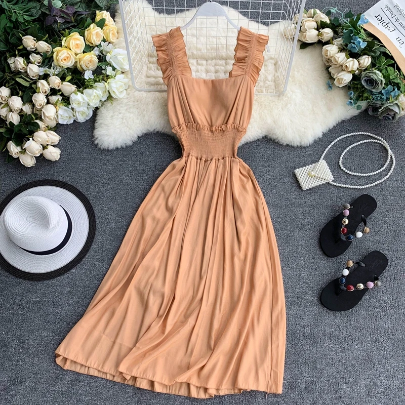2019 новые модные женские платья сплошное милое платье с поясом и тонким