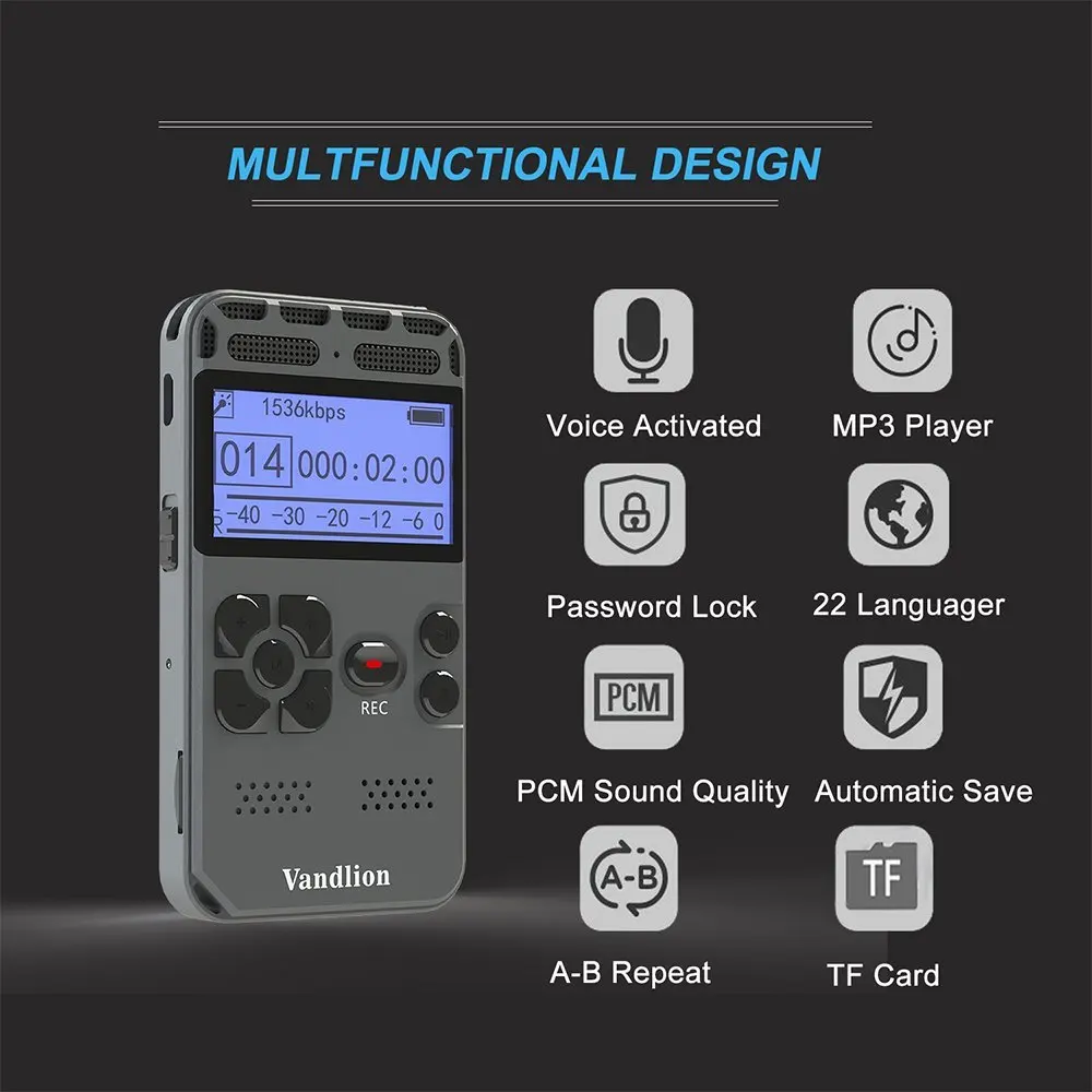 Vandlion Цифровой диктофон аудио запись Диктофон MP3 светодиодный дисплей Голосовая активация 8 Гб 16 Гб памяти шумоподавление V35