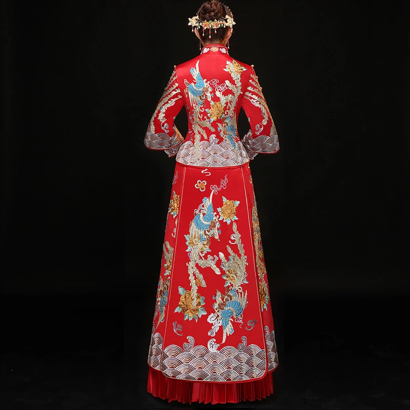 

vintage Chinese style formal dress royal phoenix wedding cheongsam costume red bride traditional Tang suit Embroidery Qipao New