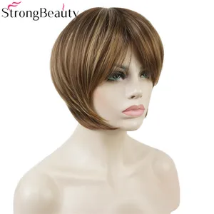 Сильный красота Короткий прямой парик для женщин коричневый с светлым оттенком синтетические волосы термостойкие натуральные парики