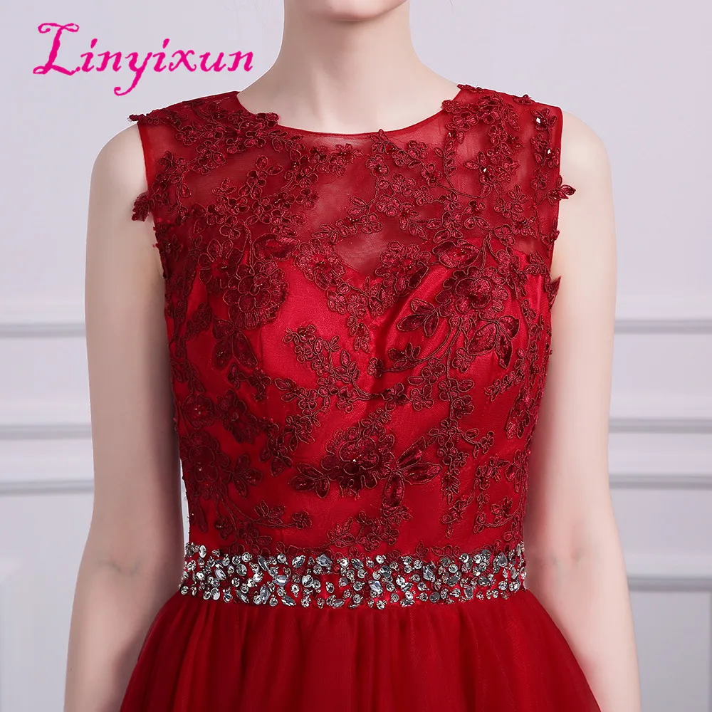 Linyixun New Short Prom Dresses Red Lace Homecoming 2018 Tulle With Appliques Crystal Beads Belt Cocktail Dress | Свадьбы и