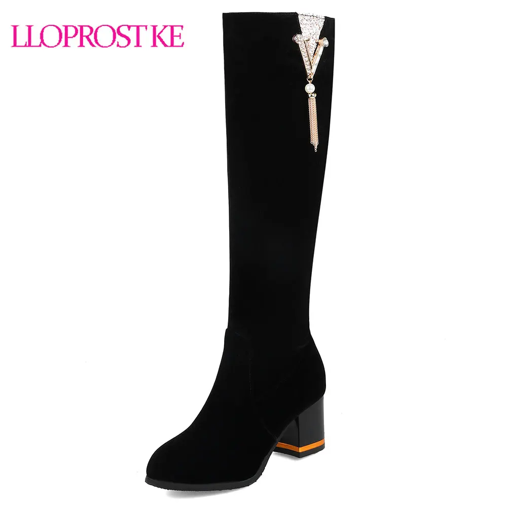 

Lloprost ke Winter Warm Plush Women Snow Boots Knight Side Zipper Round Toe Thick High Heel Knee High Boots Shoes Woman MY1026