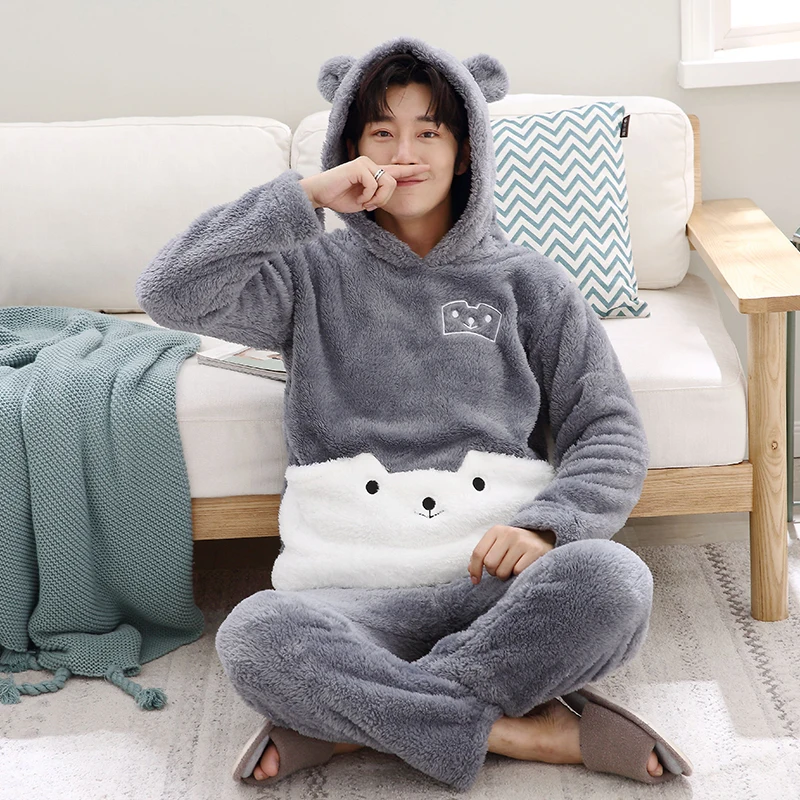 

Winter Women Pyjamas Sets Plush Coral Fleece Pajamas Suit Thicken Warm Flannel Sleepwear Couples Animal Cartoon Hooded Pijamas