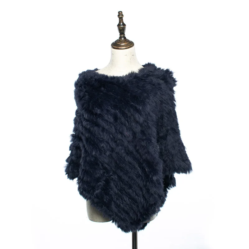 navy blue Женское пончо с кроличьим мехом без рукавов, вязаная накидка, Женская шаль, весна-Зима, модная треугольная пушистая женская накидка - Цвет: navy blue