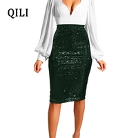 qili women sequin skirt elegant pencil skirt knee length wrap hip slim bottoms evening party club shiny sequins skirt 6 color