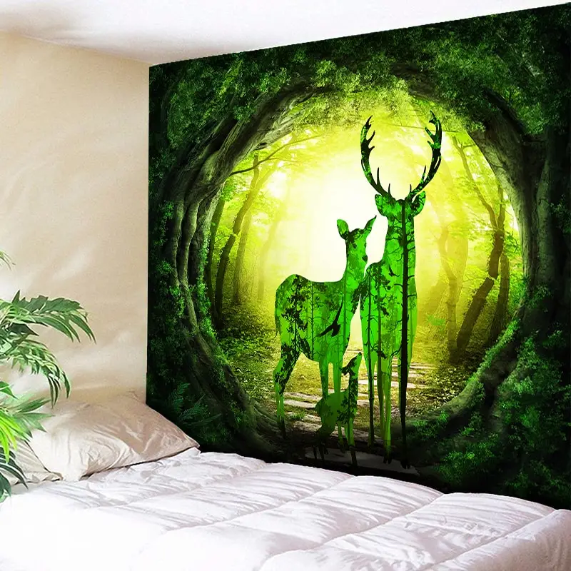 

Large Wall Tapestry Green Elk Tree Hole Hippie Tapestries Psychedelic Tapestry Wall Hanging Couch Blanket Boho Art Decor Carpets