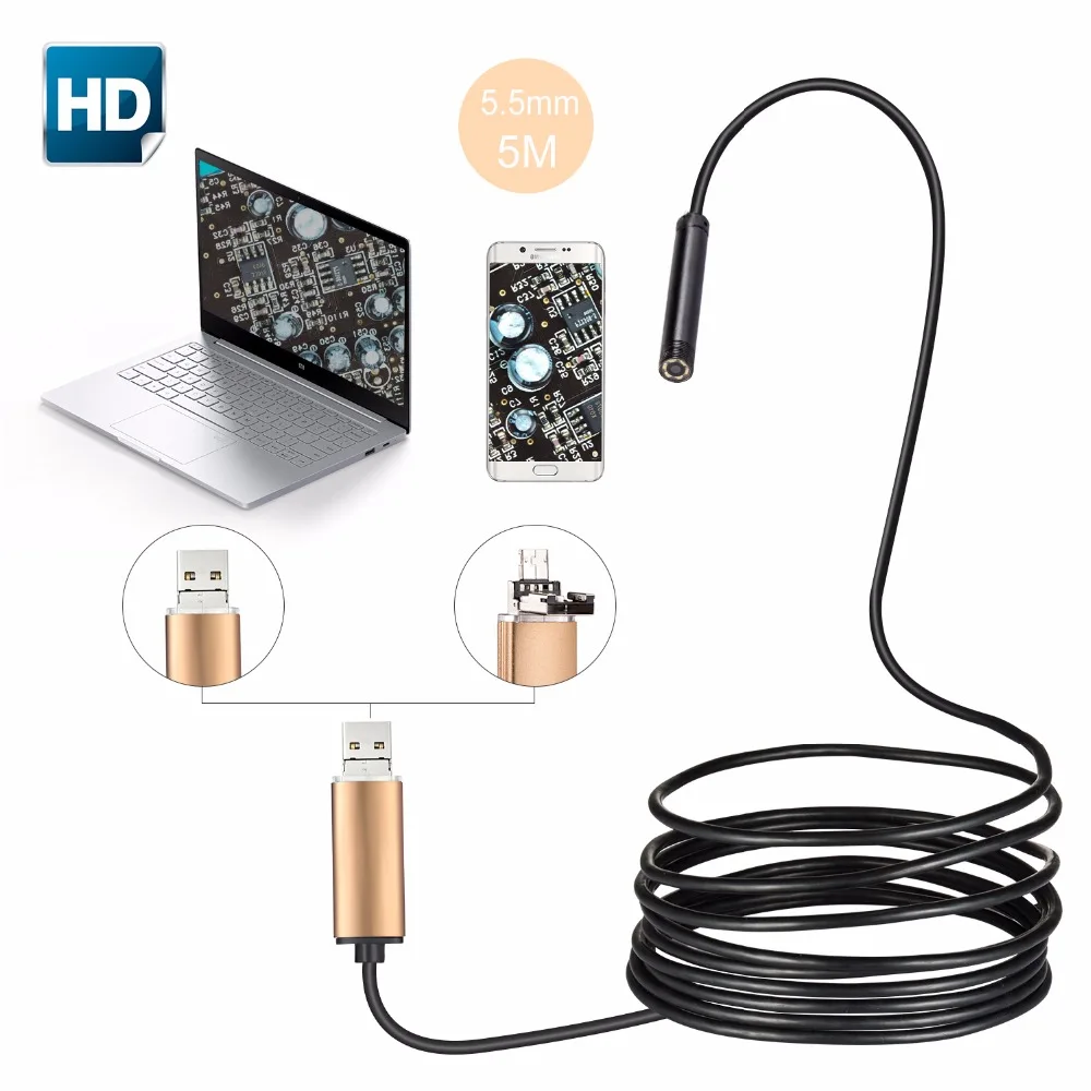 Портативный водонепроницаемый usb эндоскоп IP67 5 мм Android камера мини видео гибкий