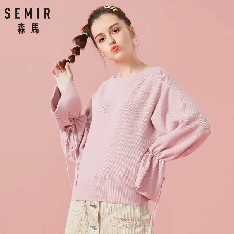 SEMIR Women Fine Knit Sweater with Drawstring Trumpet Sleeve Womens Pullover Ribbing at Neckline Cuff and Hem for Winter | Женская