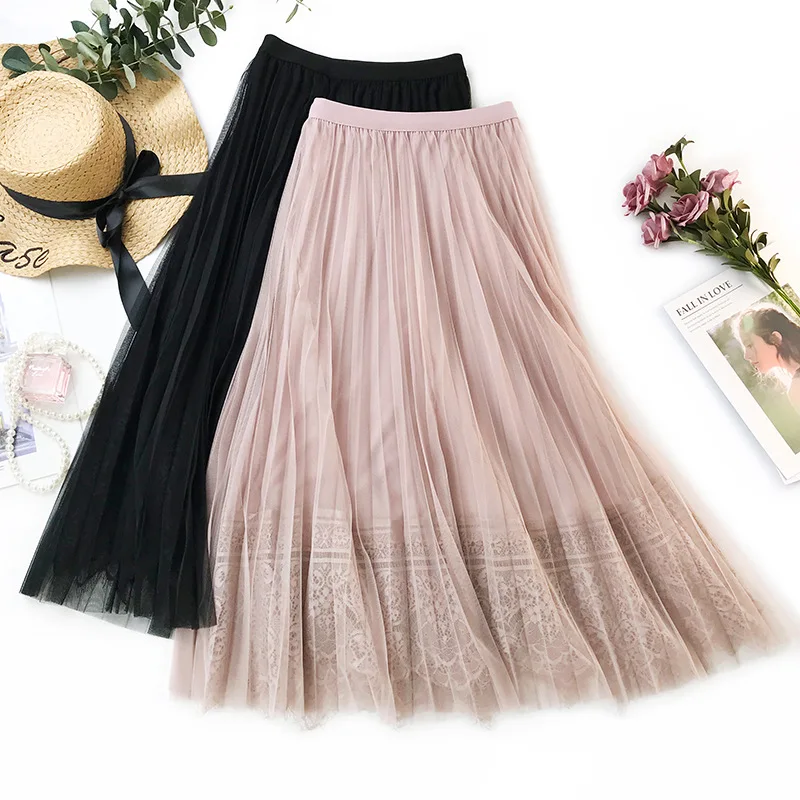 Повседневная Женская сетчатая плиссированная юбка кружевная женская летняя