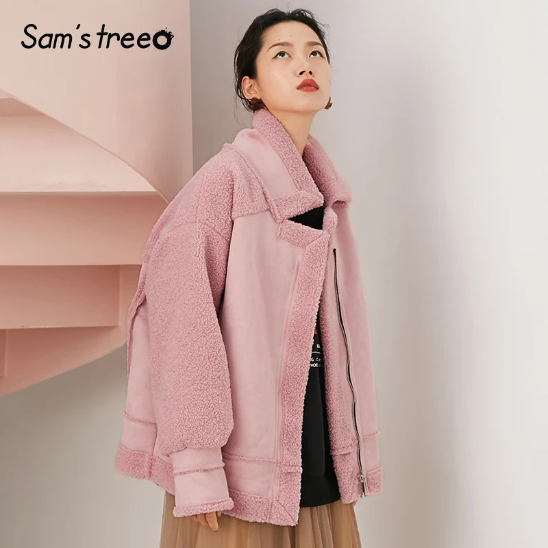 Samstree розовый берберский флис Тедди ленивый женское короткое пальто осень зима Бишоп рукав молния Асимметричные женские куртки