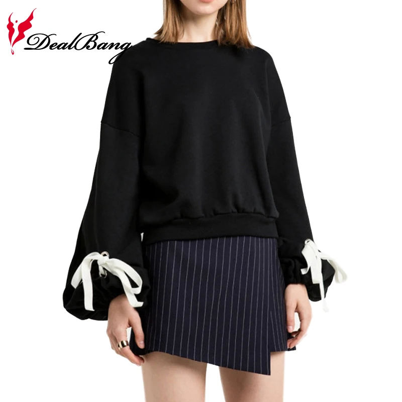 Dealbang черный кофты женские Фонарь рукава dweater повязки с длинным рукавом Уличная