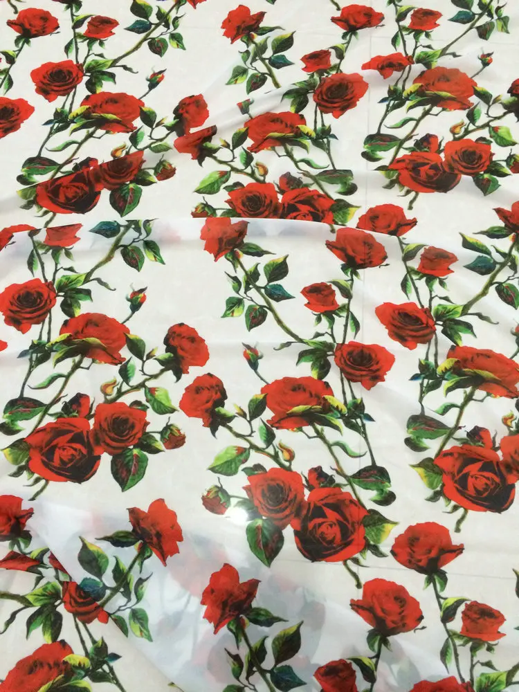 red rose flowers print silk chiffon fabric soft thin for dress long beach clothing tissue | Дом и сад