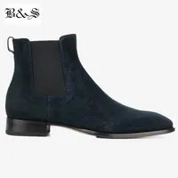 Black& Street Handmade Euro Fashion Pointed Toe Classical Men Chelsea Boots Dark Blue SUEDE Leather Slip On Harris wyatt Boots