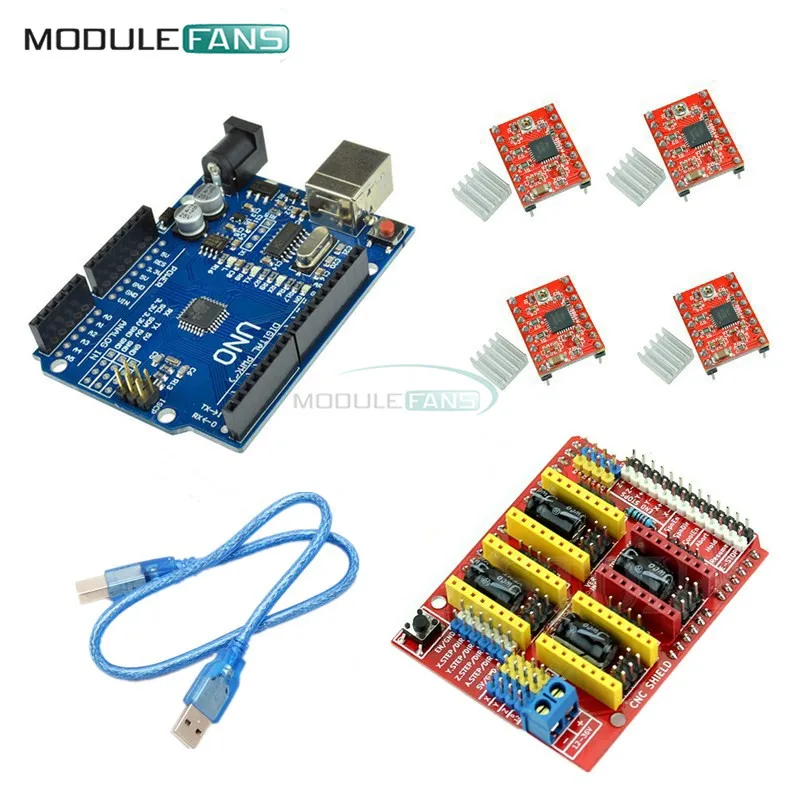 Плата расширения драйвера A4988 для Arduino + UNO R3 комплект из 4 шт. с USB кабелем и ЧПУ щит