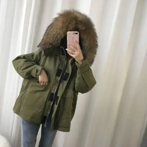 Real Fur Куртка-пуховик на 90% белом утином пуху, Женская свободная парка с капюшоном, большие размеры, пальто с воротником из натурального меха енота, зимнее пальто для женщин - Цвет: Real Fur
