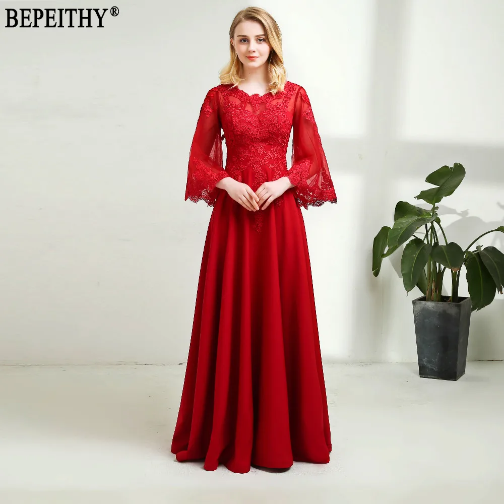 Женское вечернее платье из тюля BEPEITHY длинное красное с рукавом до локтя 2019|half sleeve