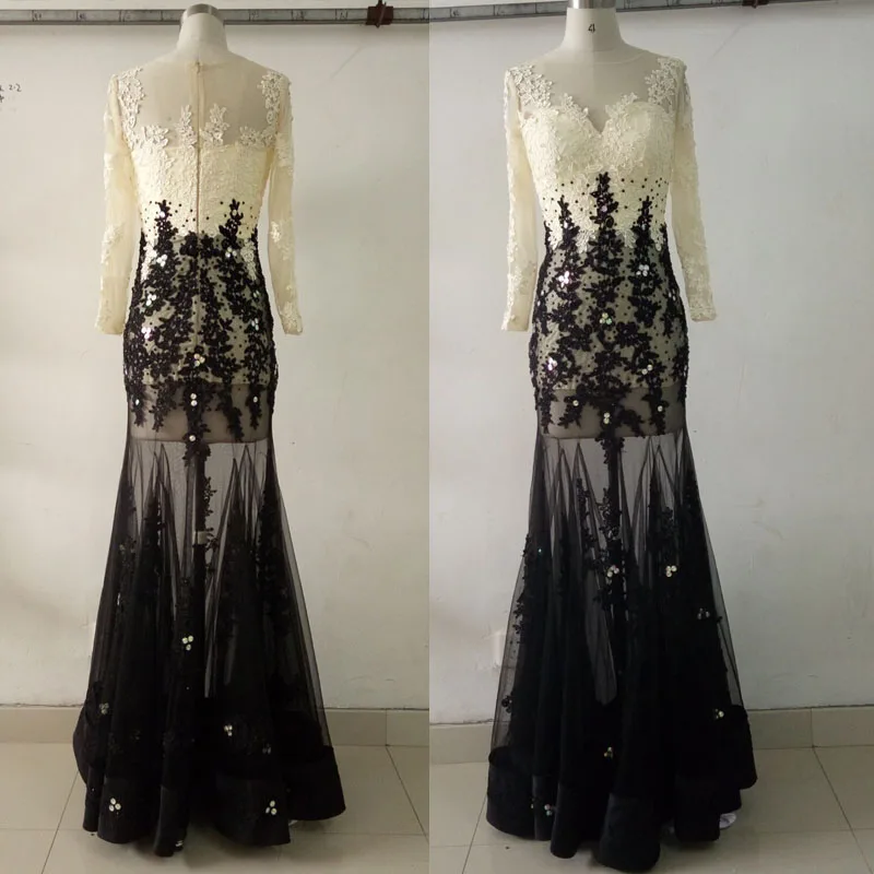 Robe De Soiree Real Picture Mermaid Evening Dress 2019 Long Sleeve White And Black Tulle Appliques Beading Vestido Longo | Свадьбы и