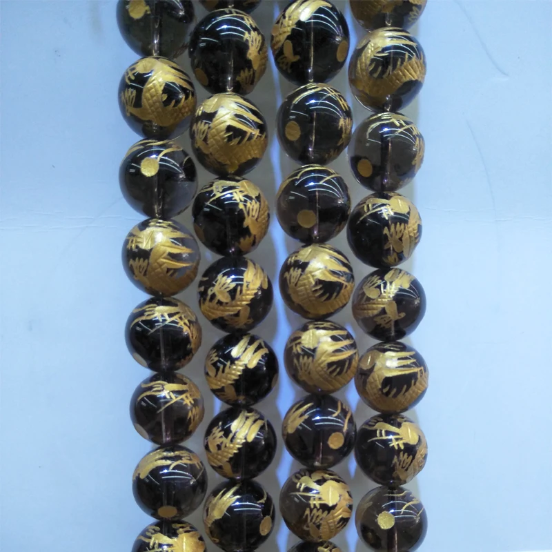 

14mm Natural Round Smoky Quartzs Carving Dragon Beads For Jewelry Making Stone Beads 16'' DIY Bracelet Necklace Jewellery Gift