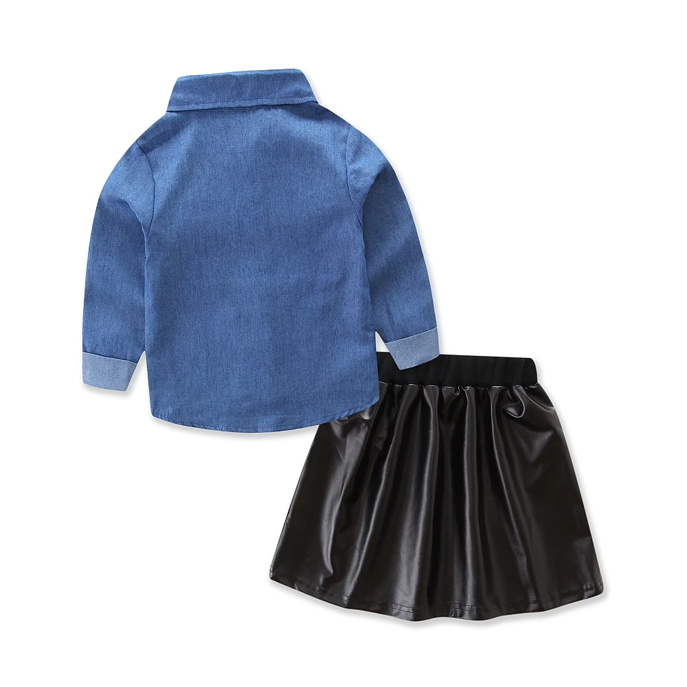 2 шт. джинсовый топ и черная кожаная юбка для девочек|girls clothing sets|clothing setsfashion girl clothes