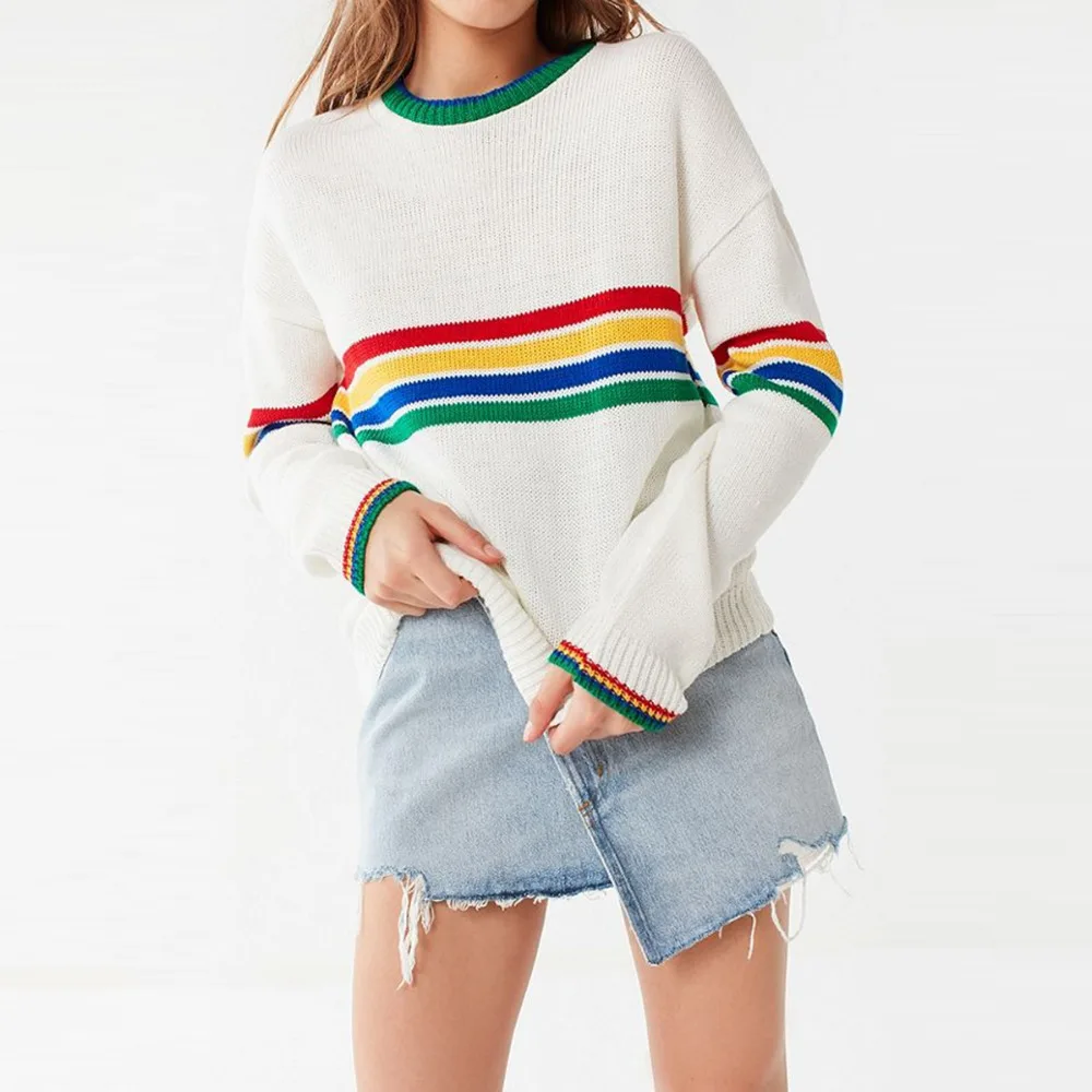Darcydebie Women Autumn Sexy Sweet O neck Rainbow Knitted Striped Loose Casual Girl Pullover Sweater Tops | Женская одежда