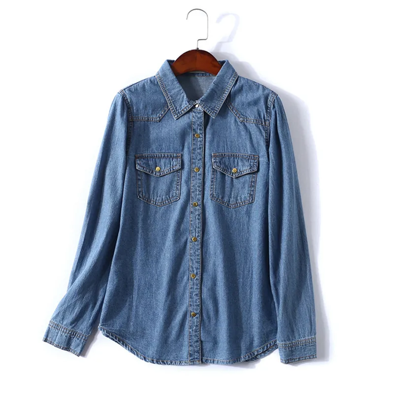 Dark blue Весенняя Модная стильная женская одежда джинсовая рубашка, блузка с длинными рукавами женские повседневные винтажные синие джинсы рубашка Camisa - Цвет: Dark blue