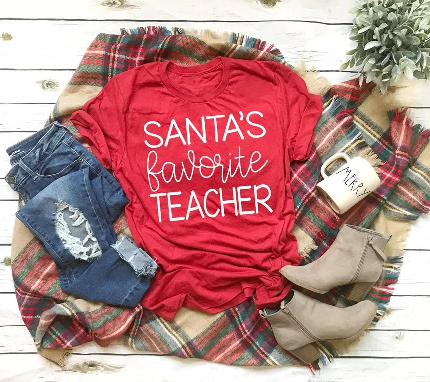 Red - white txt SANTA'S favorite футболка для учителя подарок на День учителя Забавный слоган унисекс эстетическое tumblr эстетическое Merry Christmas рубашка Новые футболки - Цвет: Red - white txt