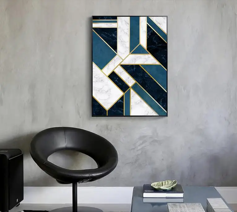 Nordic Modern Abstract Blue Black Marble Geometric Gold Line Segmentation Wall Pictures Prints Pop Art Unframed Painting | Дом и сад