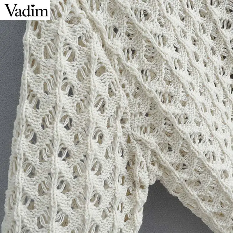 Vadim women solid knitted short cardigans hollow out sexy V neck single breasted female casual thin outwear sweater HA397 |