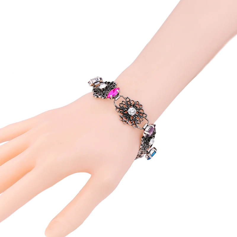 Antique Silver Color Ethnic Jewelry Flower Chain Bracelet Colorful Crystal Statement Vintage For Princess | Украшения и