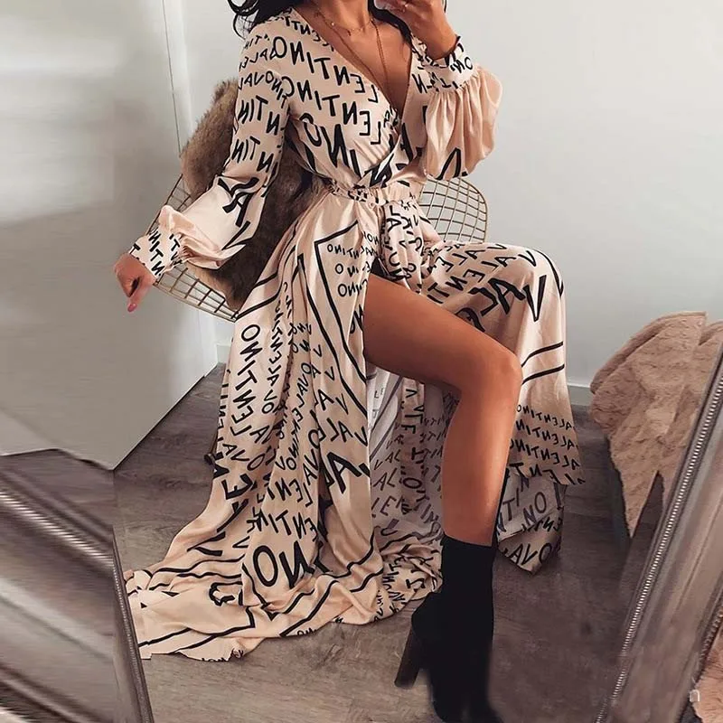 Женское Сексуальное Платье макси с буквенным принтом и v образным вырезом