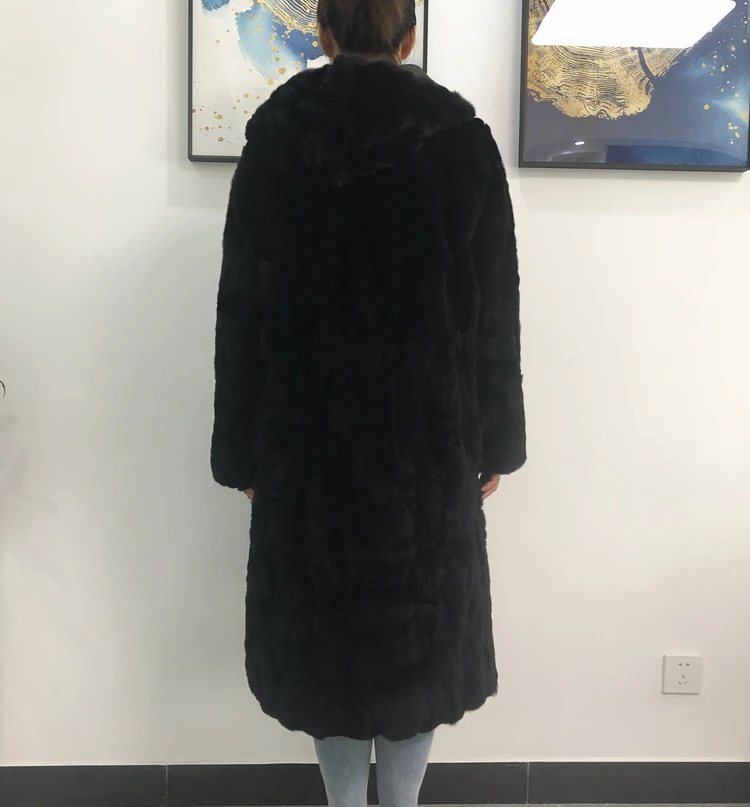 Натуральный мех кролика Рекс зимнее женское пальто длинное модное пальто из натурального меха женский Настоящий мех кролика пальто с капюшоном теплая шапка
