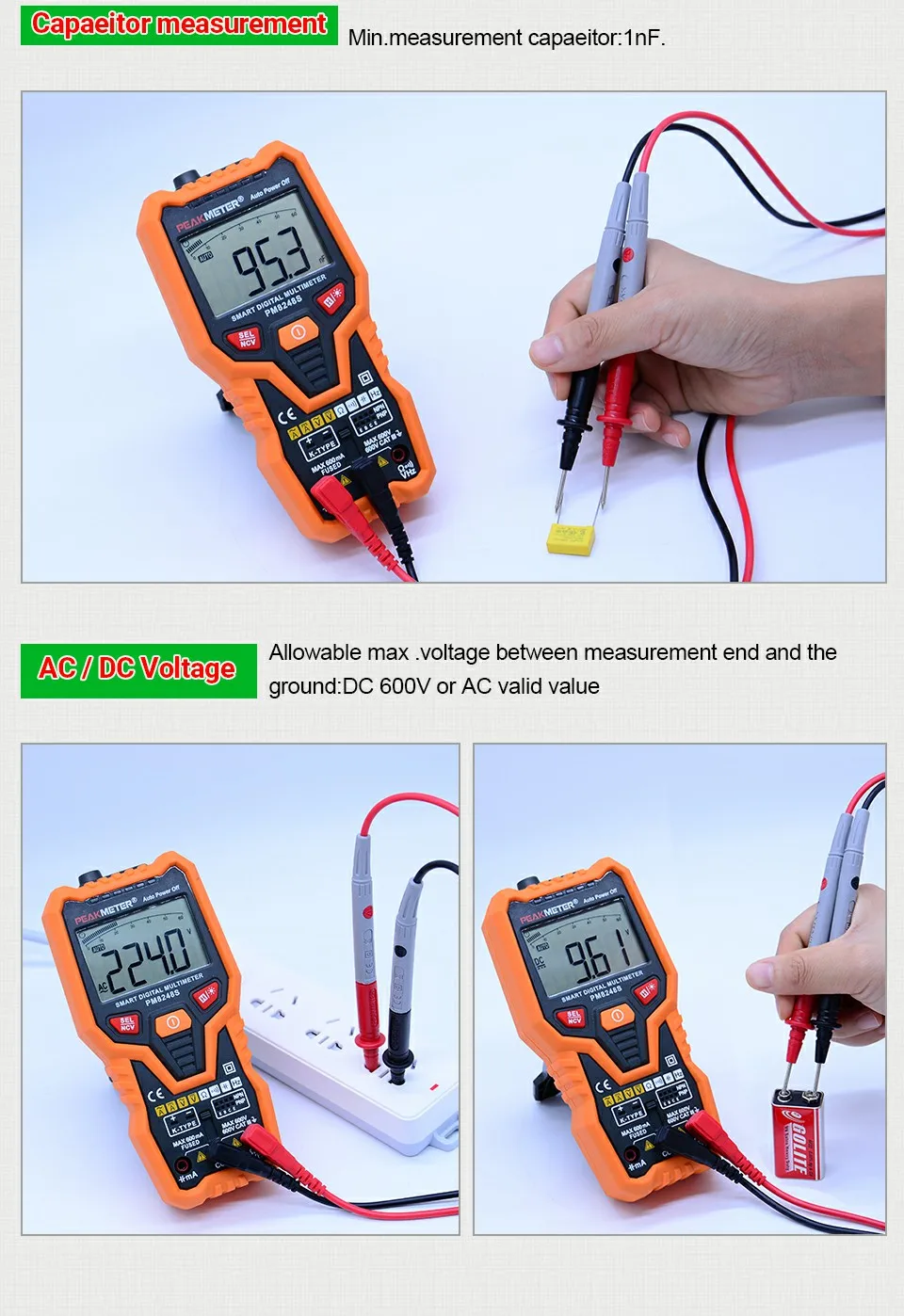 PEAKMETER PM8248S Цифровой мультиметр зажим для мультиметров измеритель емкости 30~ 1000 Гц Удержание данных подсветка дисплей+ подарок
