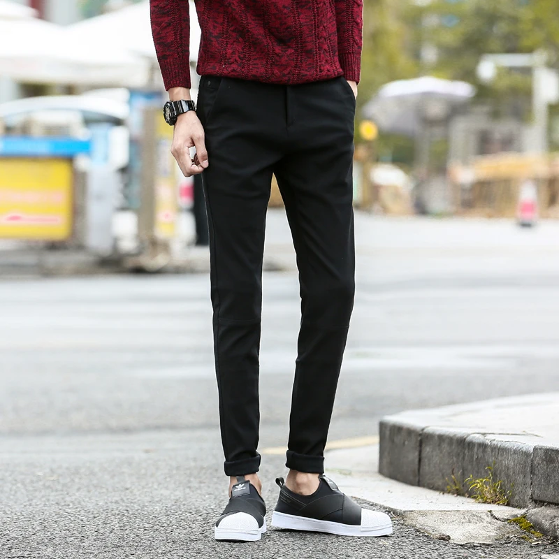 Модные Плюс бархат Зима Теплая Тонкий Мужчин Брюки Маленькие Ноги Тощие Длинные