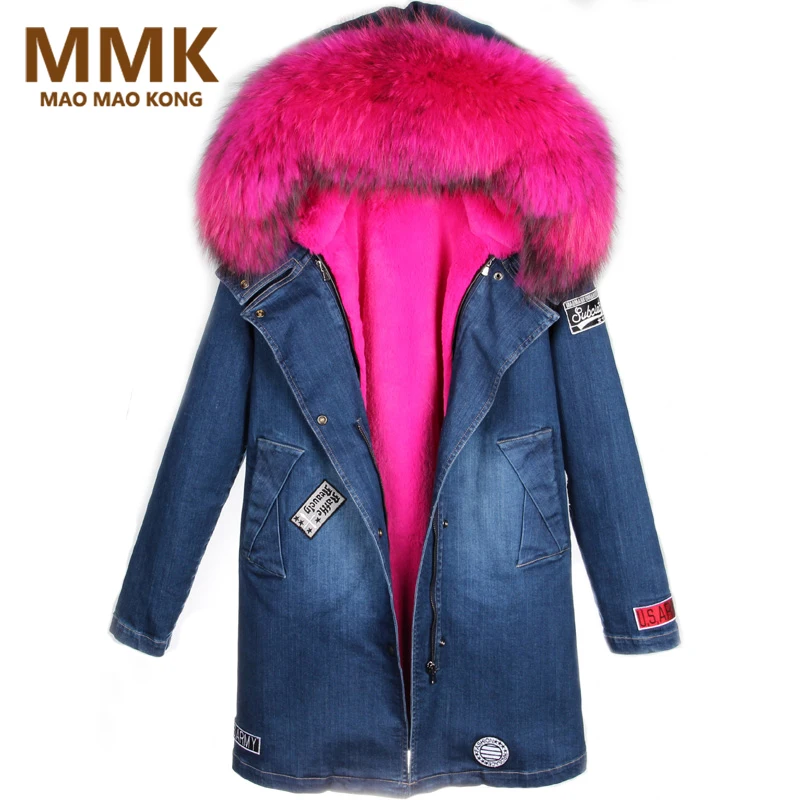 Женская зимняя парка меховая куртка длинное модное джинсовое пальто толстая
