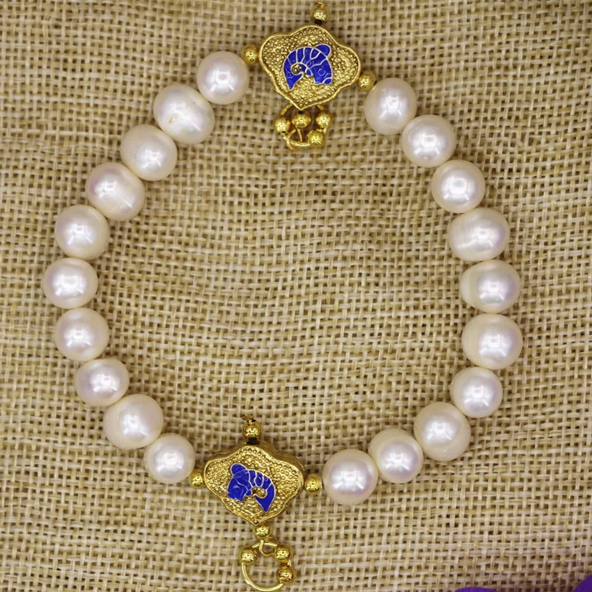 Natural white pearl beads 9-10mm nearround strand bracelet for women fashion gold-color cloisonne spacers jewelry 7.5inch B3099 | Украшения