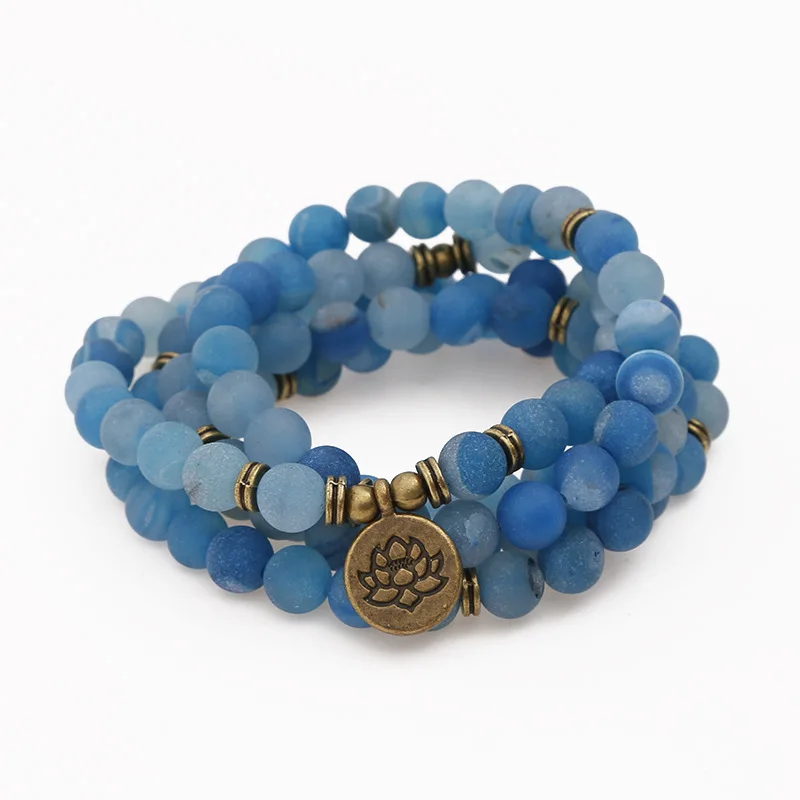 

Natural Matte Smile Lake Blue Stone Bracelet Trendy Men or Women's 108 Mala Hand String Chakra Yoga Healing Bracelet Wholesale