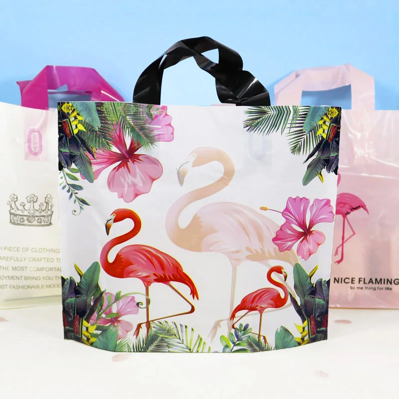 50pcs Plastic Clothing Bag with Handle Flamingo Shopping Package Bag Thank You Transparent Plastic Gift Candy Bags Wedding Party