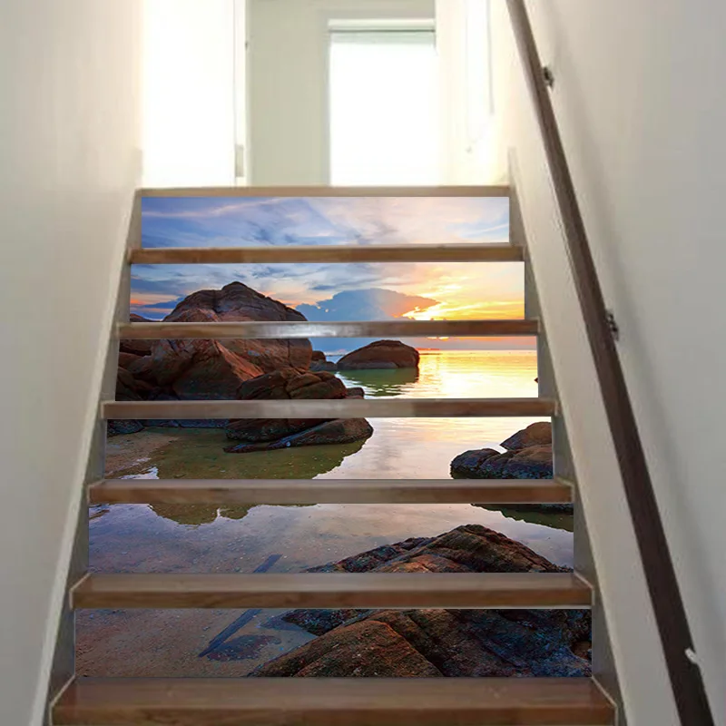 Морские камни пейзаж Art Наклейки для лестницы съемный 3D стены Стикеры Гостиная