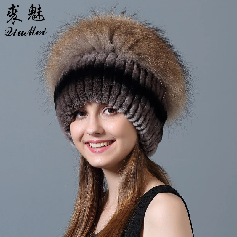 Женские меховые шапки QiuMei с помпонами из натурального меха лисы вязаные для
