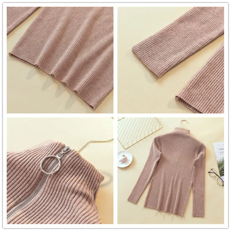 2019 Slim-fit Circle Zipper Turtleneck Sweater Tight-fitting High-elastic Chest-knit Bottoming Women | Женская одежда